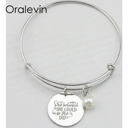 SHE BELIEVED SHE COULD SO SHE DID Inspirational Hand Stamped Engraved Custom Pendant Bracelet Bangle Jewelry,10Pcs/Lot, #LN2115B