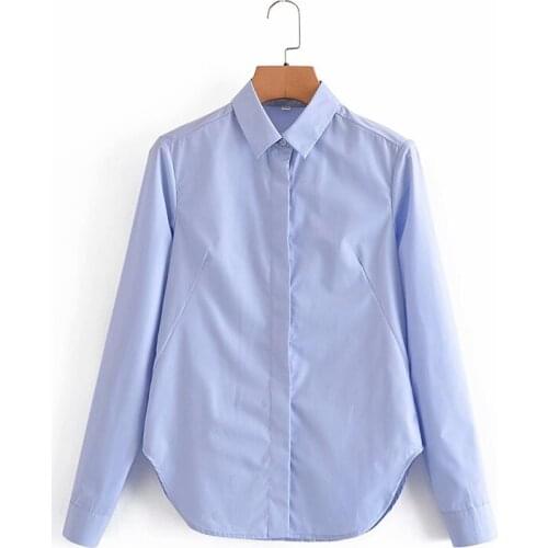 Evfer Spring Casual Turn-Down Collar Long Sleeve Slim Blue Long Shirts Office Lady 2021 New Fashion Single Breastd Solid Tops