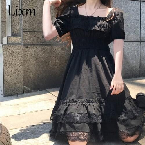 Japanese Women Victorian Gothic Square Collar Lace Ruffles Black Lolita Dress Summer Girls Punk Style Short Sleeve Mini Dresses