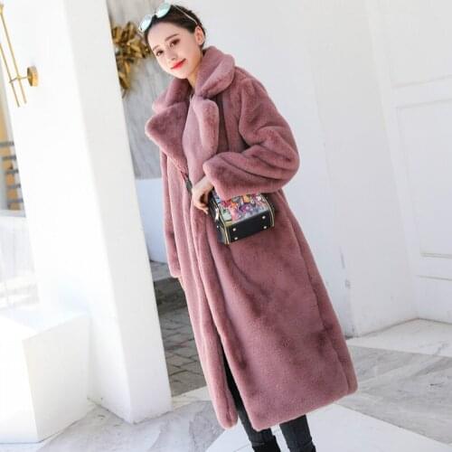 Fur Coat Pink 2019 Winter Women Long Furry Turn-down Collar Fur Jacket Loose Warm Casual Female Korean Plush Coat Lady Outerwear