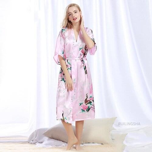Women Summer Sexy Silk Satin Bathrobe Plus Size Kimono Kimono Robes Floral Print Homewear Female Long Bath Robe Dressing Gown