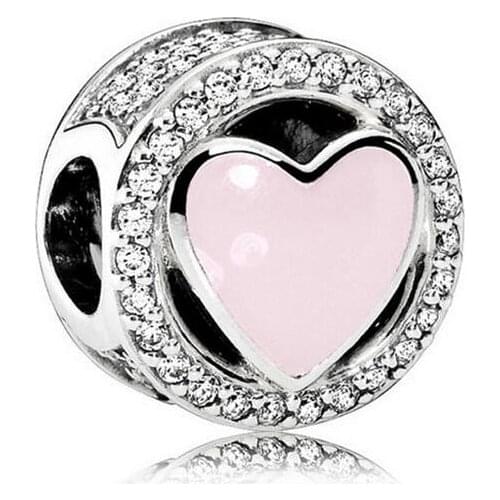 Genuine 925 Sterling Silver Bead Charm Pink Openwork Wonderful Love With Crystal Beads Fit Women Pan Bracelet & Necklace Je