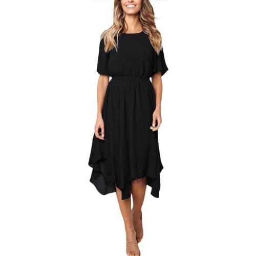 Womens Solid Color Round Neck Short Sleeve High Tight Waist Hem Asymmetric Mid-Length Dress Office Business Party Elegant Dress