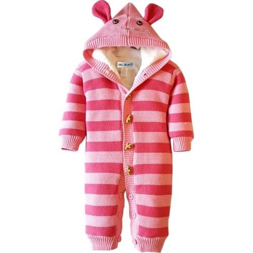 Winter Baby Hooded Romper Cartoon Animal Striped Infant Jumpsuits Boys Girls Long Sleeve Fleece Thicken Warm Vetement Bebes