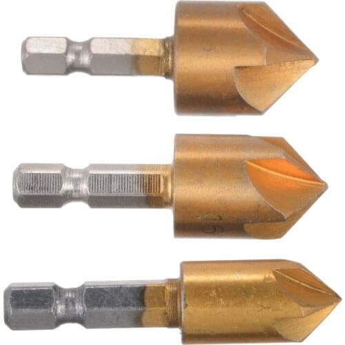 3pcs HSS Chamfer Deburr Countersink 5Flutes Hole Cutter Drill Bit 1/4" Hex For 90 Degrees Chamfer Countersink Drill 12/16/19mm