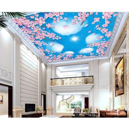 3d ceiling murals wallpaper custom photo Cherry blossom blue sky white clouds sunligh decor 3d wallpaper in the living room