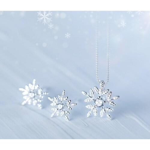 925 Silver Earrings Fashion Small Snowflake Zirconia Earrings and Necklace Set Female Korean Style Sweet Flower Ear Jewelry