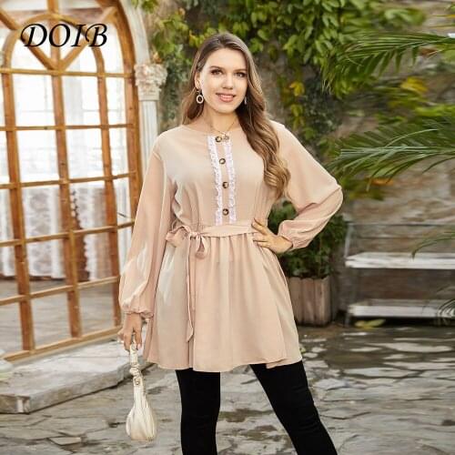 DOIB Women Floral Print Dress Large Size Women O Neck Loose Casual Sashes Plus Size Dress 2021 Fashion Female Dresses