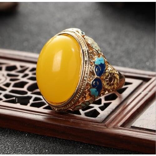Electroplated Cloisonne Ring Setting Inlaid Second Generation Amber Ceromel Ring Yellow Chicken Grease Tibetan