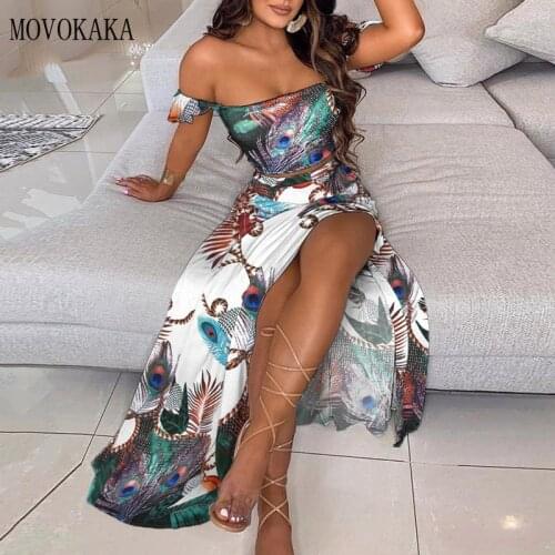 MOVOKAKA 2021 Summer Casaul Dress Sets Women Elegant Sexy Off Shoulder Tops And Split Long Dress Suit Floral Print Two Piece Set