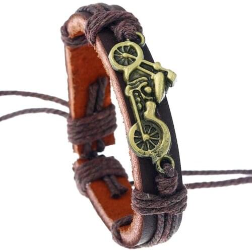 Men Punk Vintage Motorcycle Charm Leather Cuff Bracelet Alloy Biker Rope Chain Bangle Wrap Wristbands Fashion Retro Jewelry Gift