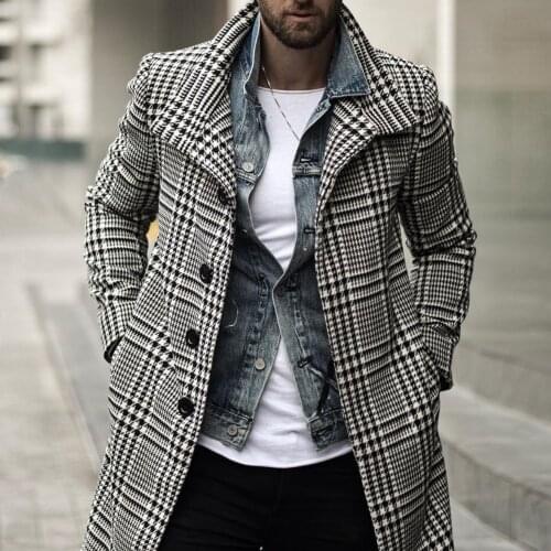 2021 Mens Brand Woolen Coat Mens Winter Casual Slim Long Woolen Jacket Thicken Warm Plaid Printed Windproof Long Jackets