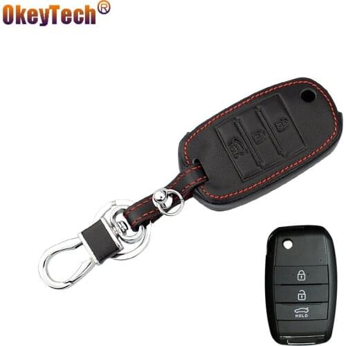 OkeyTech Soft Leather Car Key Case Cover Bag Holder 3 Buttons For Kia Rio K2 Ceed Sportage Soul Sorento Cerato Spectra Carens