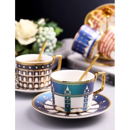 European luxury ceramic coffee cup and saucer Vintage Buliding porcelain Coffee tea cups Set Afternoon tea flower tea cup