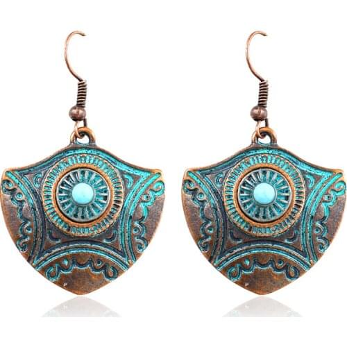 Vintage Bronze Totem Shield Geometry Drop Earrings Natural Stone Ethnic Women Fashion Earrings Bohemia Beach Holiday Jewelry