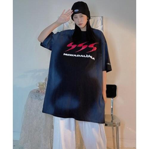 Dark black tie dye spray paint wash retro niche short sleeve T-shirt for men and women tees