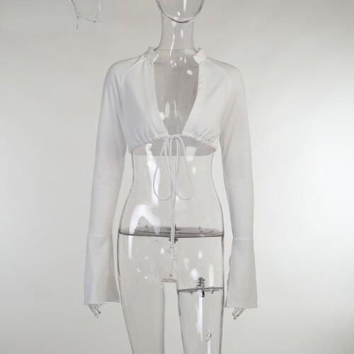 NEWDISCVRY Summer Streetwear White V Neck Bandage Tops Women Slim Flare Sleeve Drawstring Crop Top Female Casual Blouse Outfit