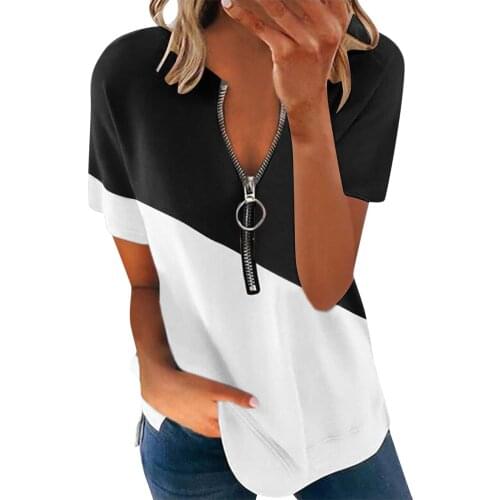 Female Splicing Blouse Zip-Up Tops And Blouses Short Sleeve Casual Blouse Summer WomenS Zipper Tunics Blusas