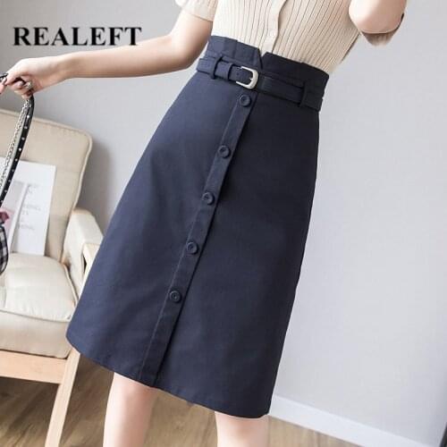 REALEFT 2021 New Spring Summer Work Wear Single Breasted Women Midi Skirts with Belt Korean OL Style High Waist A-Line Skirts