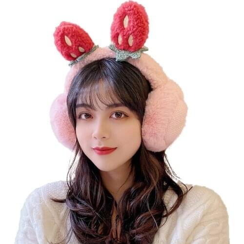 Women Winter Fluffy Plush Earmuffs Cartoon Strawberry Foldable Ear Warmers Cover A0NF