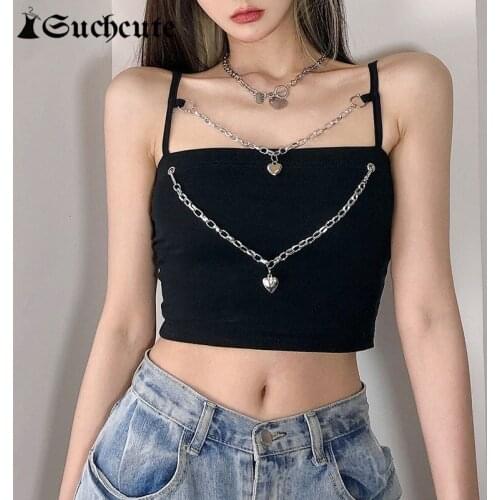 SUCHCUTE Gothic Black Womens Crop Tops With Chic Chain Streetwear 90s Outfits Clothes Summer Punk Style Female Camisole