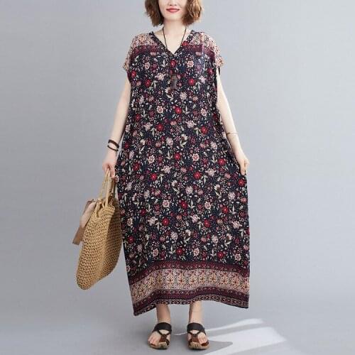 Women Print Cotton Line V Neck Short Sleeved Vintage Floral Summer Beach Dress Ethnic Long Section Female Sexy Vestidos K1398