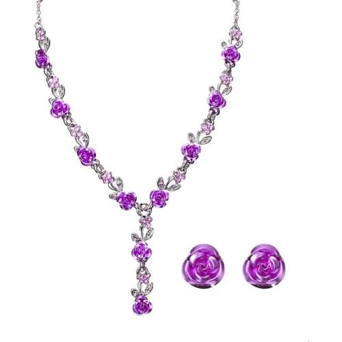 2Pcs/Set Female Fashion Acrylic Rose Pendant Stud Earrings Necklace Women Statement Party Wedding Jewelry Gift indian