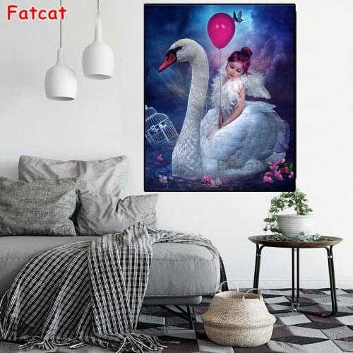 5D Diamond Painting Dream Girl White Swan Round Square Rhinestone Embroidery Mosaic Home Decoration Pattern DIY Handmade PP1853