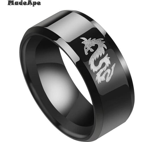 MadApe Lucky Amulet Black Titanium Stainless Steel Dragon Ring For Women Men Vintage Gothic Jewelry 8mm Big Size 7-13