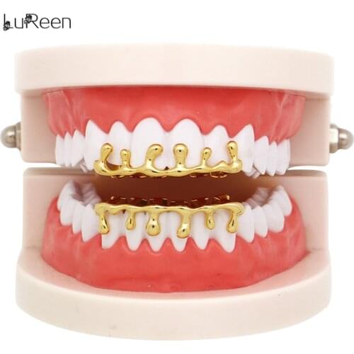 LuReen Gold Teeth Grillz Drip Shape Grills Dental Top Bottom Grillz Cosplay Tooth Caps Rappers Hip Hop Jewelry Party