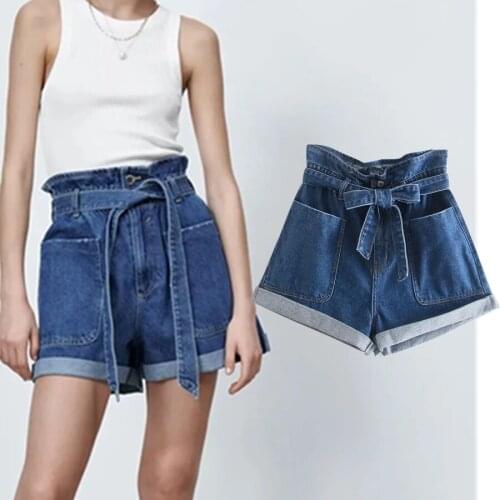 Jenny&Dave Women Short Vintage Washed Mom Women England High Waist Pockets Loose Sashes Casual Short Feminino Denim Bermuda