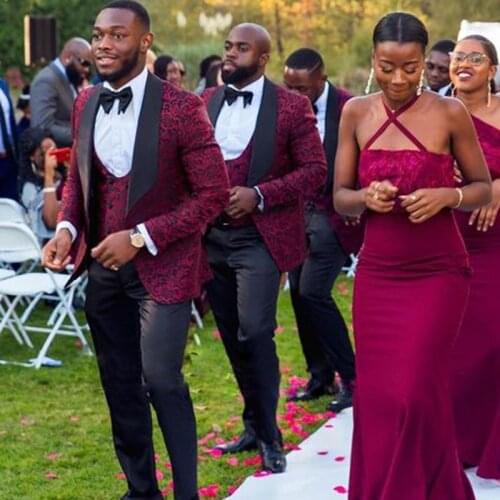 Gy African Customized Floral Burgundy Jacket 3 Pieces Men Suits for Wedding Groom Suits Men Slim Fit Suits Costume Homme mariage