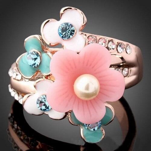 Rose gold color Imitation Pearl Rhinestone Fashion Flower Rings for Women Jewelry Lady Ring Floral Valentines Day Jewellery