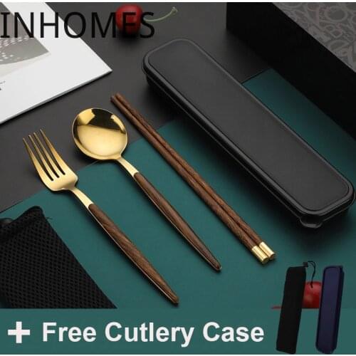 4Pcs Mirror Gold Tableware Reusable Travel Cutlery Set Utensils Set Stainless Steel Spoon Fork Chopsticks Dinnerware With Case