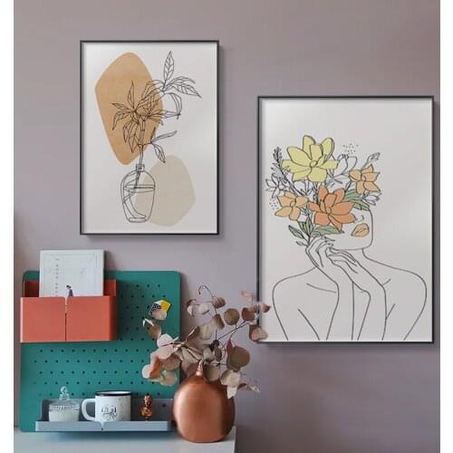 Nordic Flowers Woman Face Outline Painting Wall Art Canvas Posters Prints Modern Figure Pictures For Living Room Home Decoration