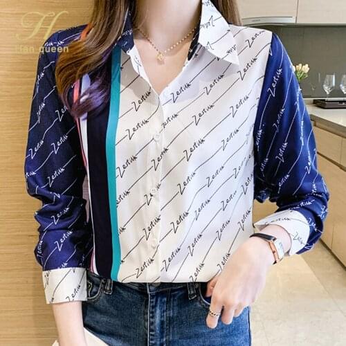 H Han Queen New Wear To Work Female Blouses Turn-down Collar Simple Letter Print Shirt Korean Casual Blouse Occupation Blusa