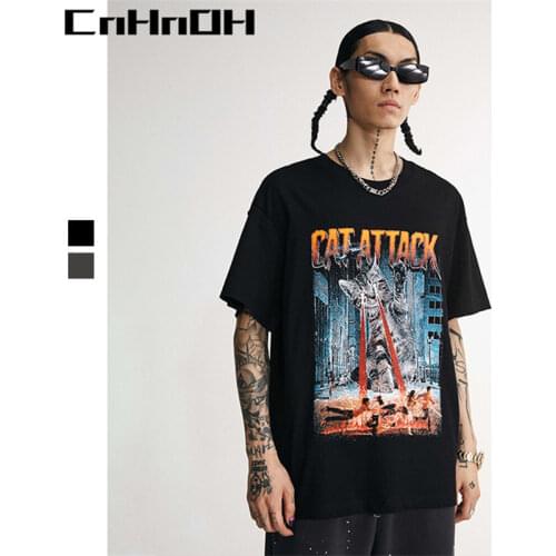 CnHnOH spring and summer new arrival hip-hop street tide giant cat monster attack cartoon print oversize short sleeve A085