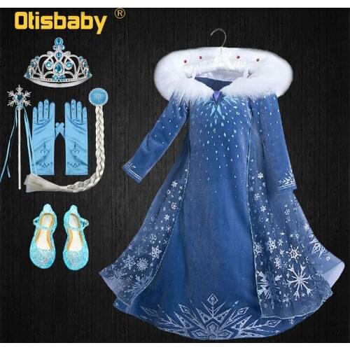 Boutique Girls Elsa Dress Snow Queen Kids Velvet Long Sleeve Party Dress with Fur Collar Snowflake Cape Princess Cosplay Costume