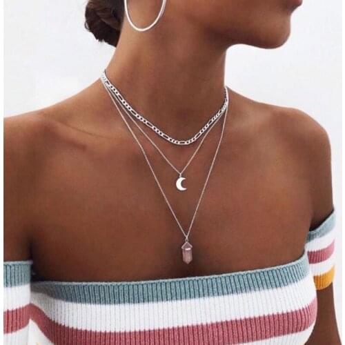 Simple Multi-Layer Chain Necklace for Women Moon Pink Pendant Necklace Harajuku Jewelry Accessories Wholesale Collares