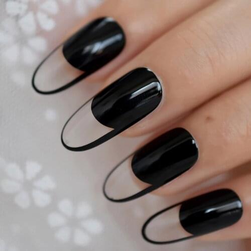Spirit Clear French Style Fake Nails Black UV Polish Cover Shiny Long Oval False Nails Artificial Fingernails with Gluetabs 24