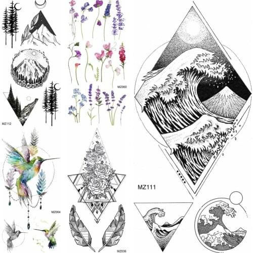 Creative Geometric Wave Temporary Tattoos Lavender Hummingbird Flower Tattoos Fake Jewelry Decoration Decal For Adult Body Art