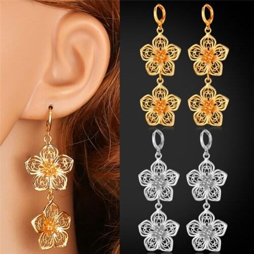 Kpop Vintage Earrings For Women Vintage Jewelry Trendy Gold/Silver Color Double Flower Long Dropping Earrings E111