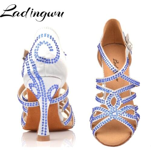 Ladingwu Latin Dance Shoes Double Rhinestone Blue Shining Silver gray Satin Women Ballroom Dancing Shoes Cuba Heel 9cm
