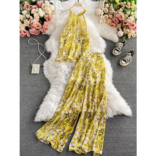 Bohemian Vacation Beach Women Two Piece Set Elegant Halter Sleeveless Chiffon Tops And High Waist Wide Leg Pants Female New 2020