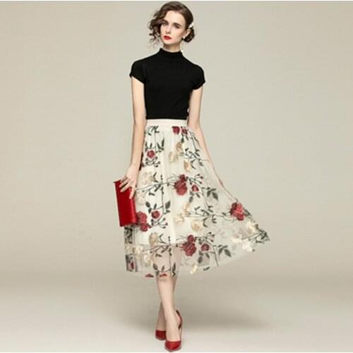 Runway Women Spring Two Piece Suit Elegant Knitting Pullover Top + Chic Elastic Waist Rose Flower Embroidery Mesh Skirt