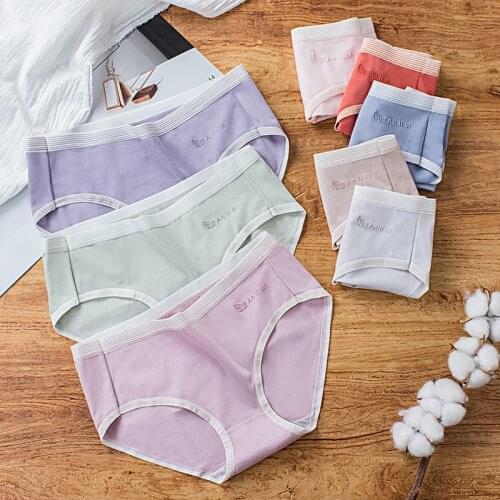 Womens Cotton Underwear Sexy Breathable Briefs Female Printed Lingerie Girls' Solid Color Underpants Low Waist Cotton Panties
