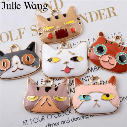 Julie Wang 5PCS Enamel Cartoon Cat Charm Alloy Animal Head Gold Tone Drop Oil Necklace Pendant Bracelet Accessory Jewelry Making