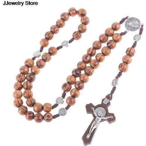 1pc Religious Wooden Antique Cross Rosary Pendant Necklaces Jesus Beaded Necklace for Men Women Jewelry Gifts