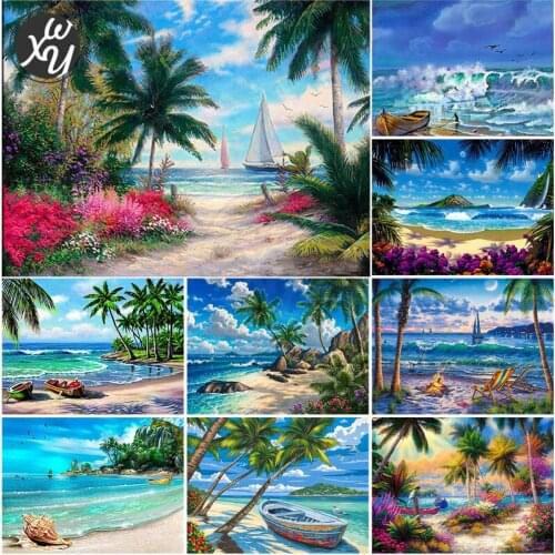 5D Diy Diamond Painting Embroidery Seaside Scenery Rhinestones Pictures Diamond Embroidery Coconut Tree Mosaic Decor for Family