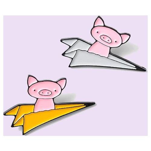 Two Pink Pigs Airplane Enamel Pin Cute Brooch Bag Clothes Lapel Pin Sasha Away Badge Cartoon Jewelry Gift For Boys and Girls